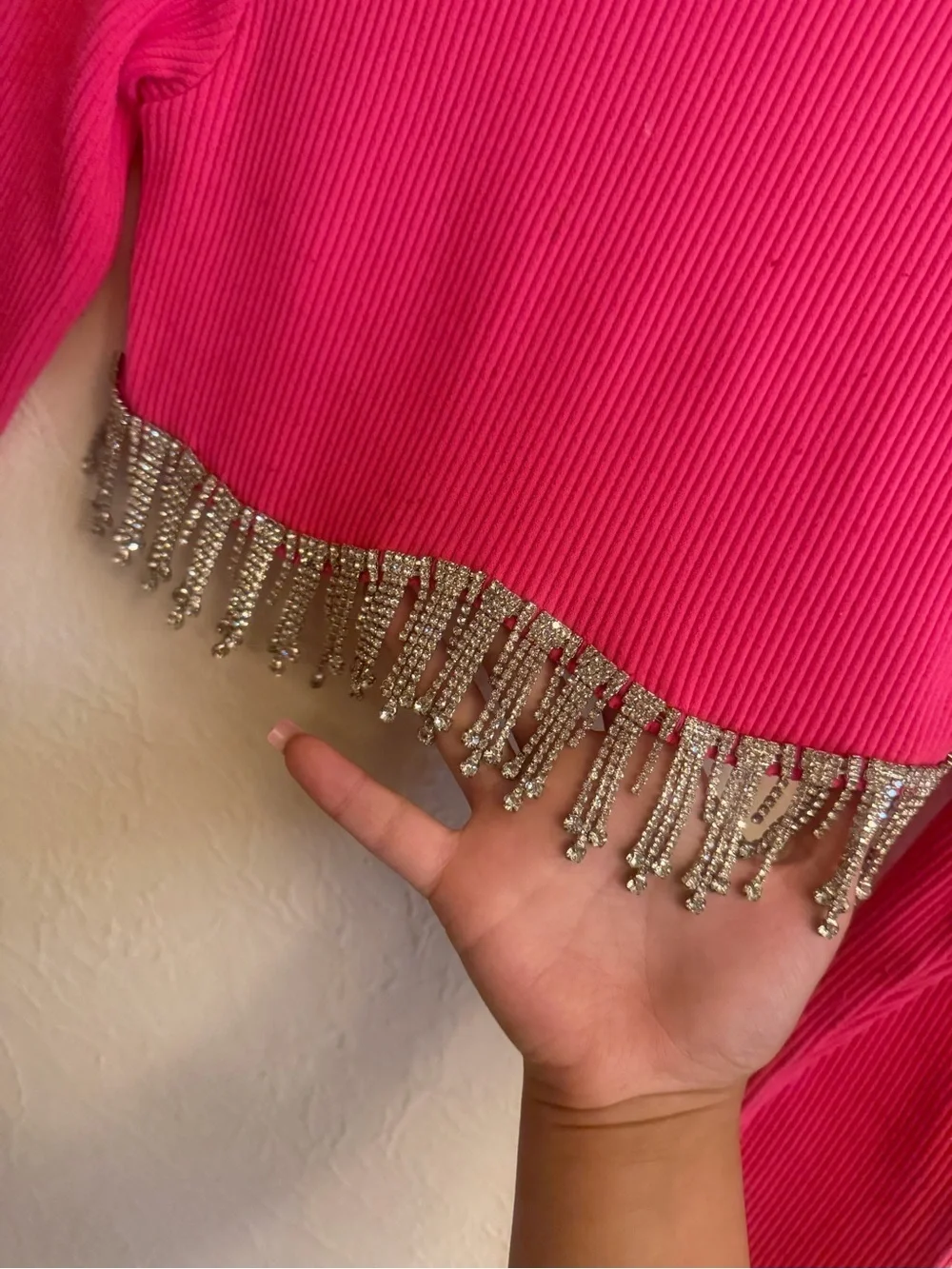 Sincerely Jules Cropped Pink Long-Sleeve Top with Beaded Fringe